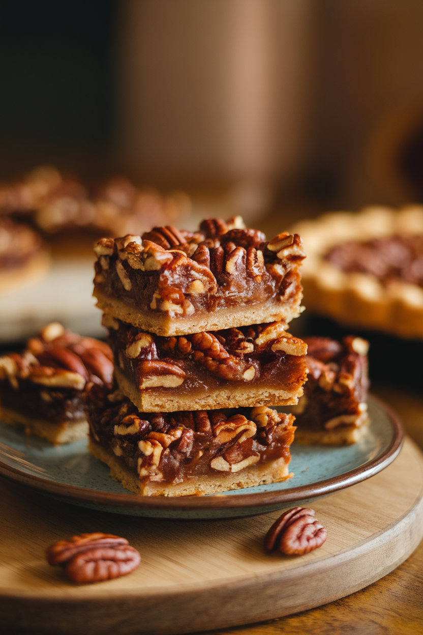 Photo of square pecan pie bars stacked on a plate, gooey centers visible, indoor light, no text or logos.
