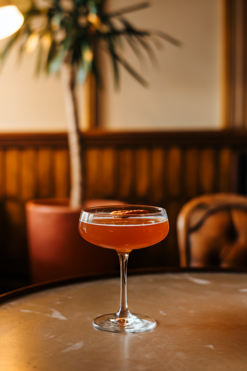 Indoor cocktail lounge with a coupe glass of toasted pecan Manhattan, amber hue shining under warm light. Photo, no text or logos.