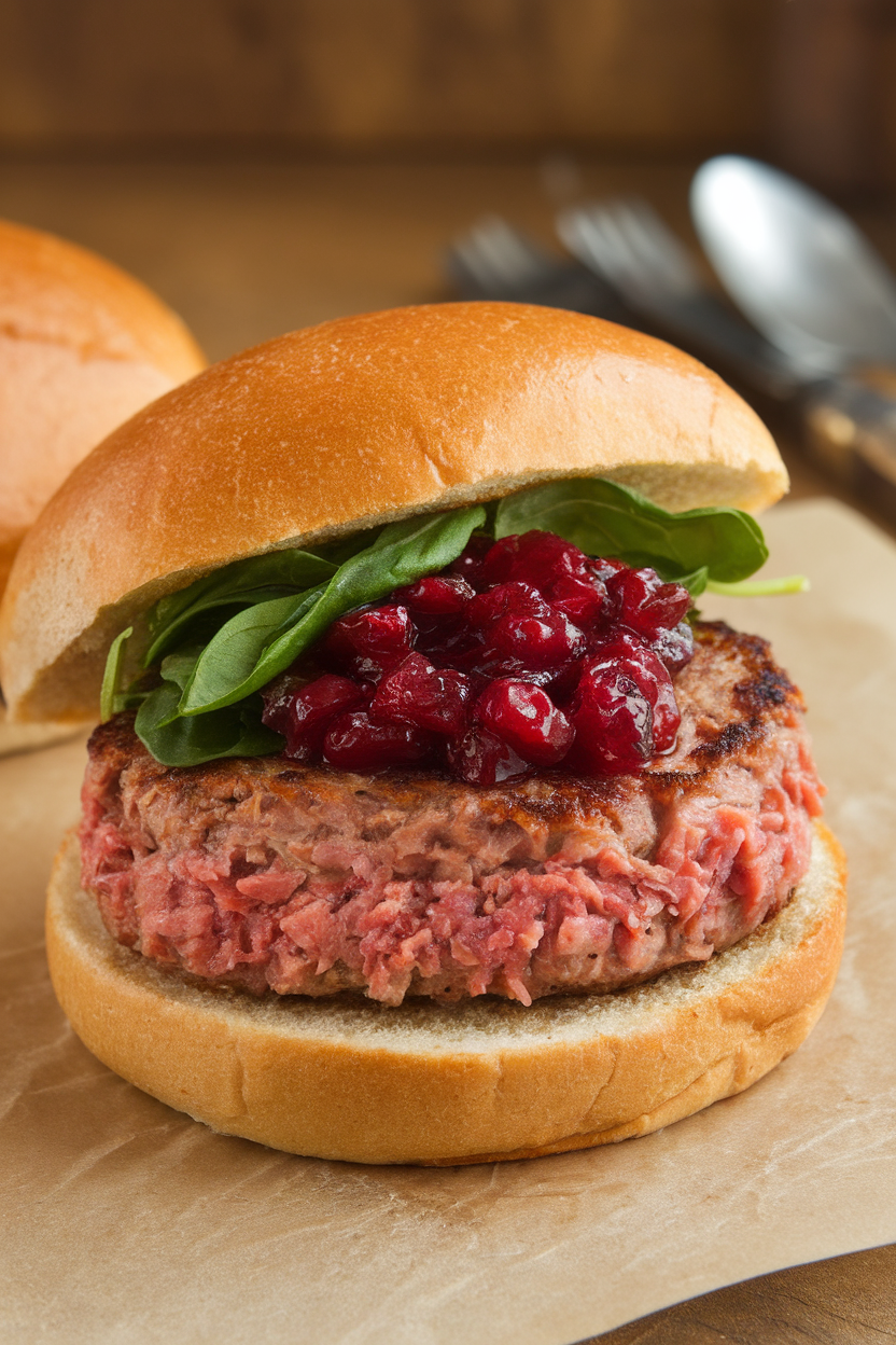 Photo of a turkey burger topped with a spoon of cranberry relish and baby spinach, on a sprouted bun indoors; no text or logos; photo, not illustration