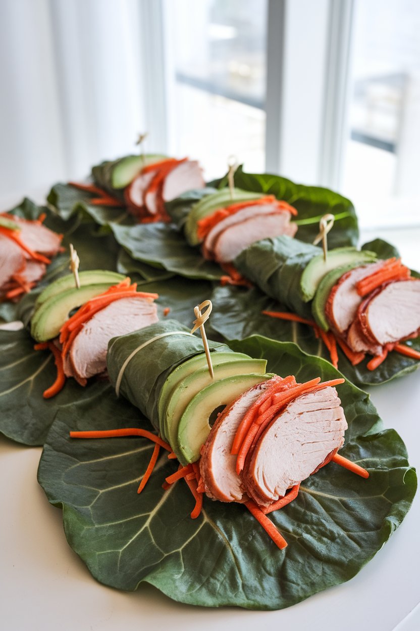 A brightly lit indoor surface with large collard leaves wrapped around sliced turkey breast, avocado, and shredded carrots, secured by toothpicks. No text or logos; photo only.