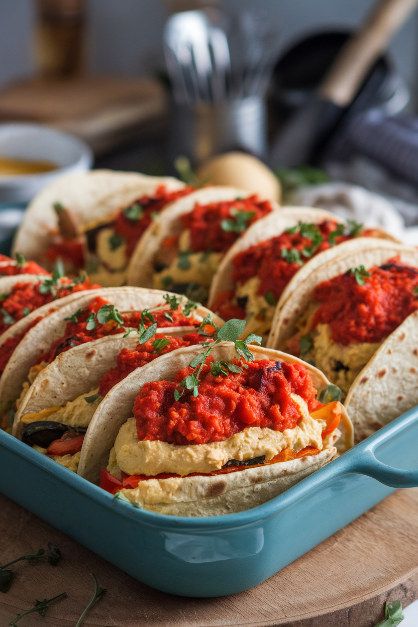 Indoor casserole with tortillas filled with creamy hummus and grilled veggies, topped with tomato sauce, no logos.