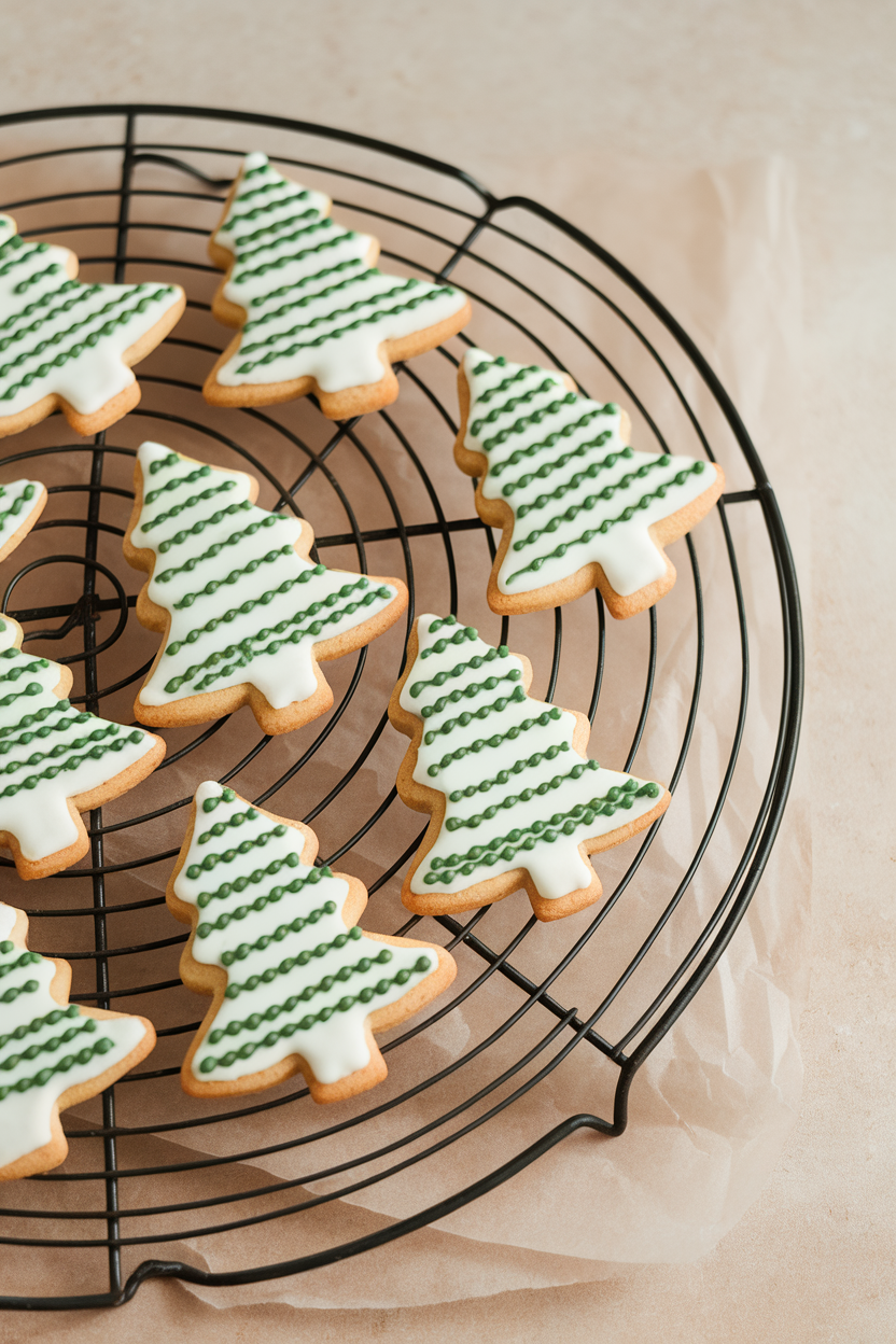 Indoor photo of cardamom shortbread tree cookies cooling on a wire rack, no text or logos