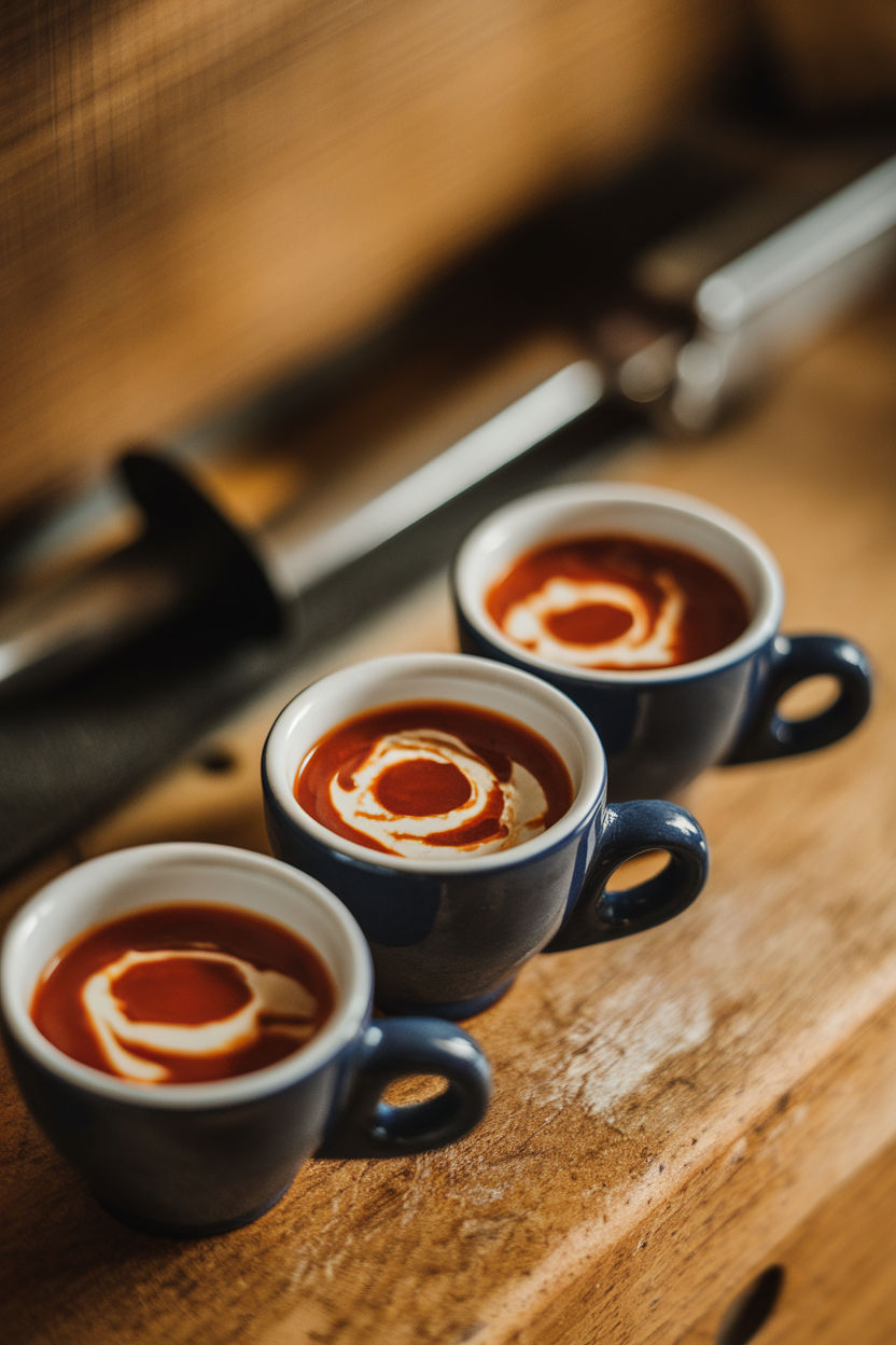 Indoor photo of small espresso cups filled with silky red soup, a swirl of crème on top. No text or logos.