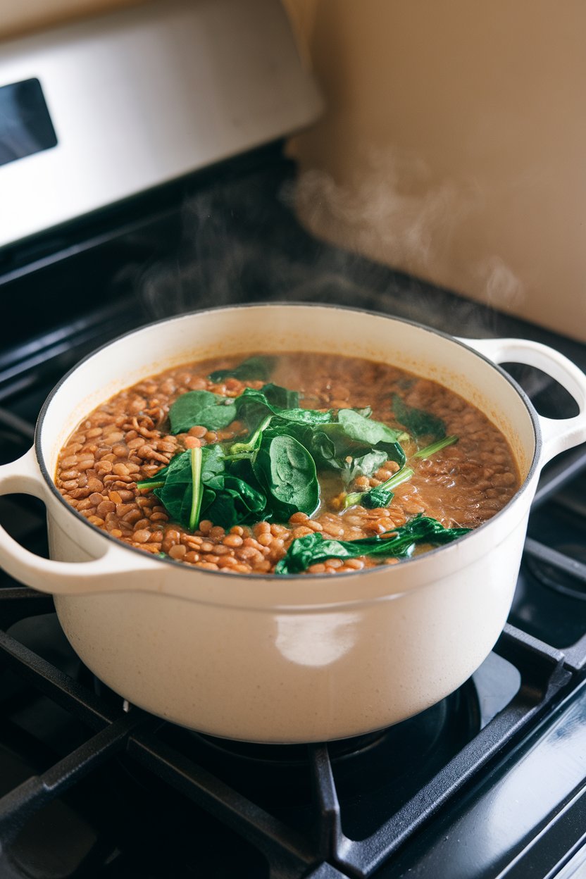 An indoor stovetop shot of a steaming pot of lentil soup dotted with bright green spinach. Photo, no text or logos.