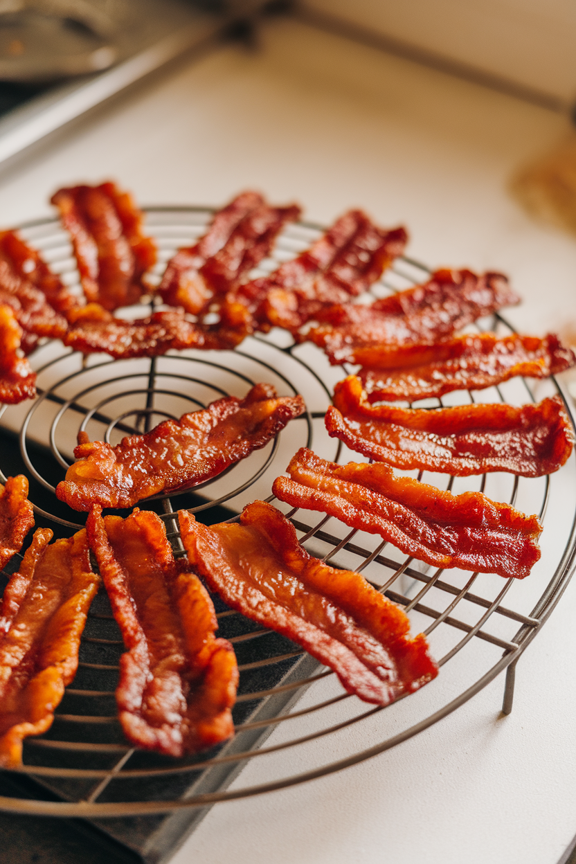Indoor shot of crispy maple-glazed bacon pieces cooling on a wire rack, no text or logos