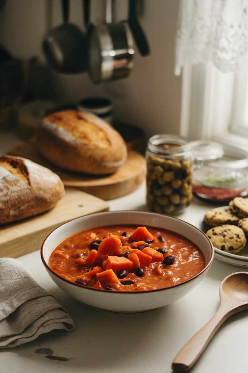 A softly lit indoor kitchen scene with a bowl of thick stew featuring chunks of orange sweet potato, black beans, and tomato broth. No logos or text in sight.