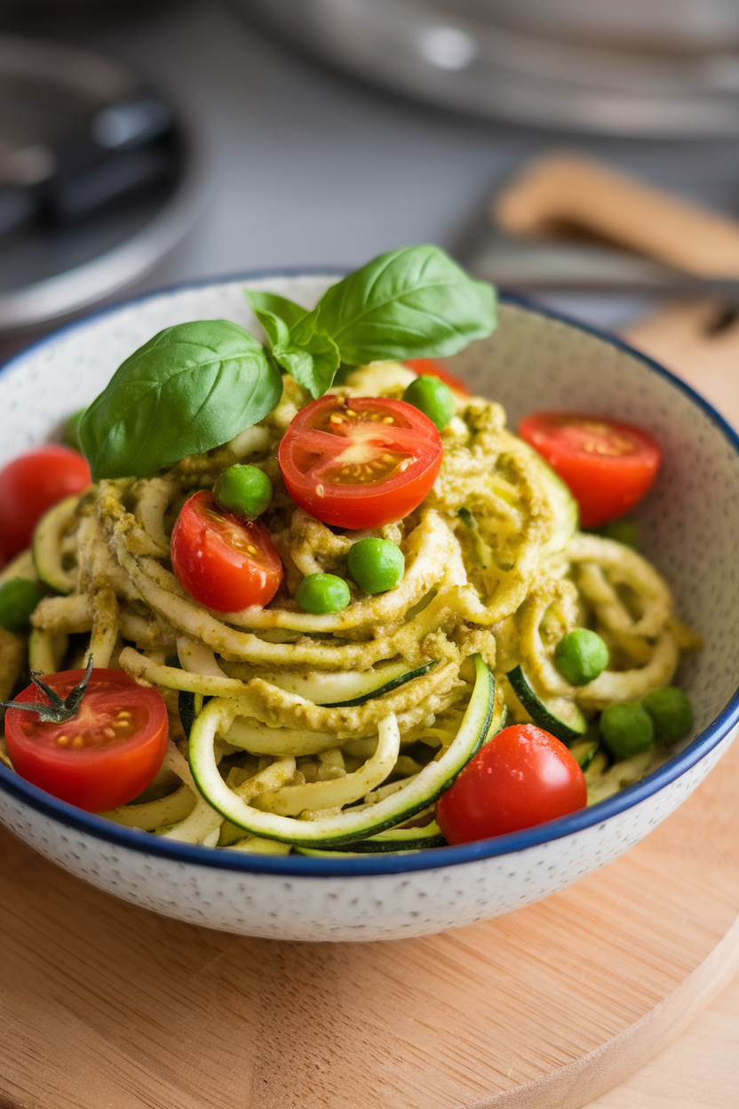 An indoor bowl of zucchini noodles lightly coated in pesto, dotted with cherry tomatoes and peas. No text or logos; photo.