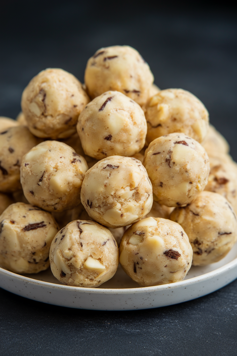 Photo of an indoor white plate piled with pale golden macadamia vanilla energy balls, tiny vanilla bean specks visible. No text or logos.