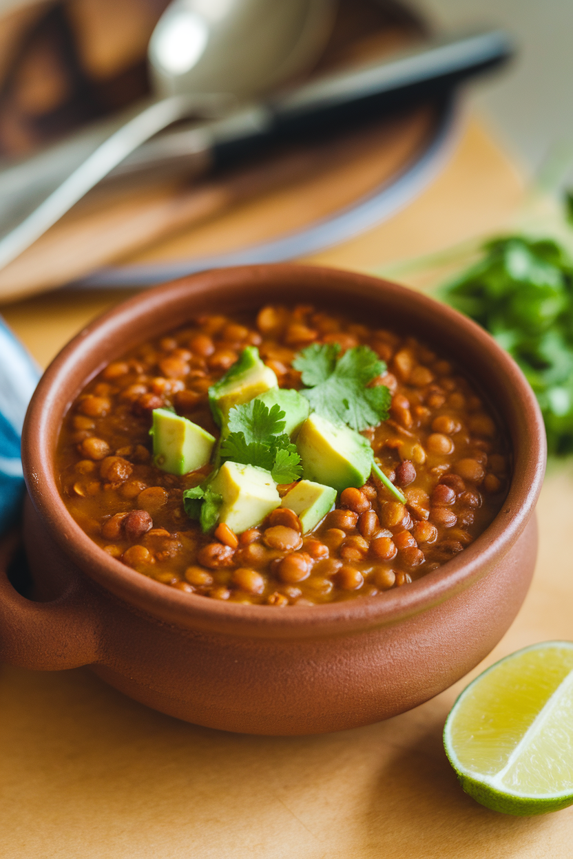 Photo of a ceramic bowl of Mexican lentil soup on an indoor table, garnished with diced avocado and fresh cilantro, lime wedge on the side. No text or logos.