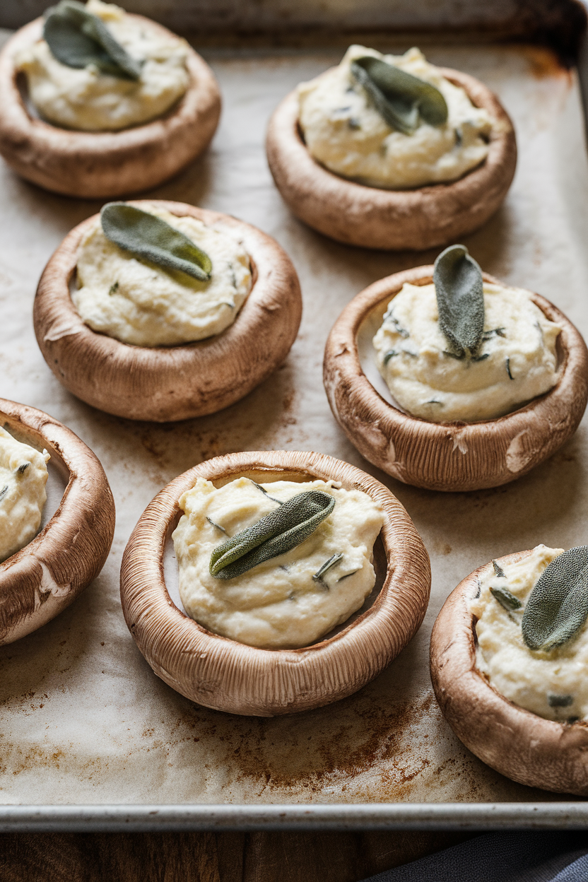 An indoor baking sheet of large mushroom caps filled with creamy ricotta and sage mixture, tops lightly browned. No text or logos present.