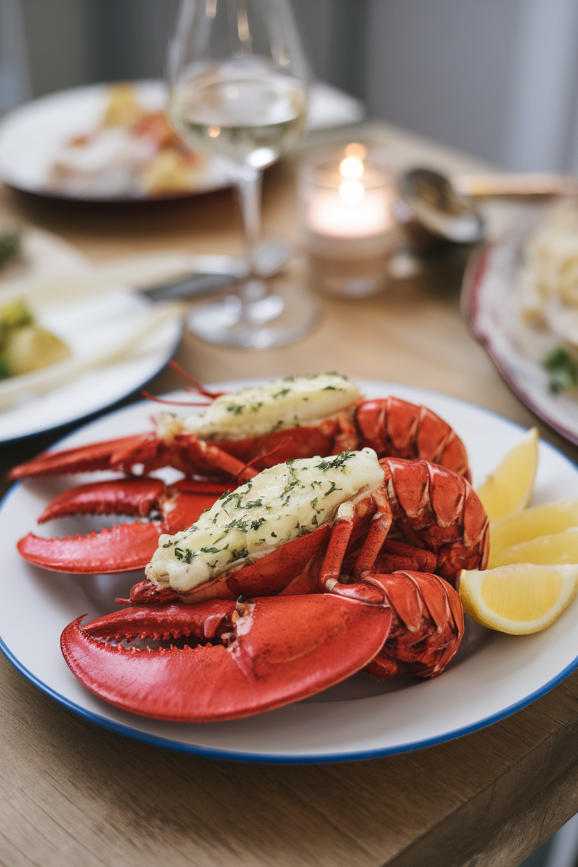 An indoor dining table featuring split, cooked lobster tails brushed with herb butter and lemon wedges on the side. No text or logos. Photo, not illustration.
