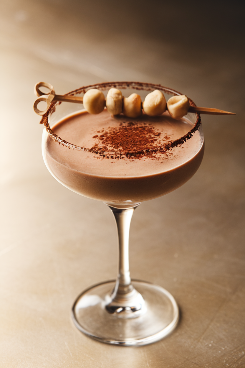 Indoor photo of martini glass filled with creamy cocoa mock-tini, cocoa powder rim, hazelnut skewer garnish; soft dessert-bar light; no text or logos.
