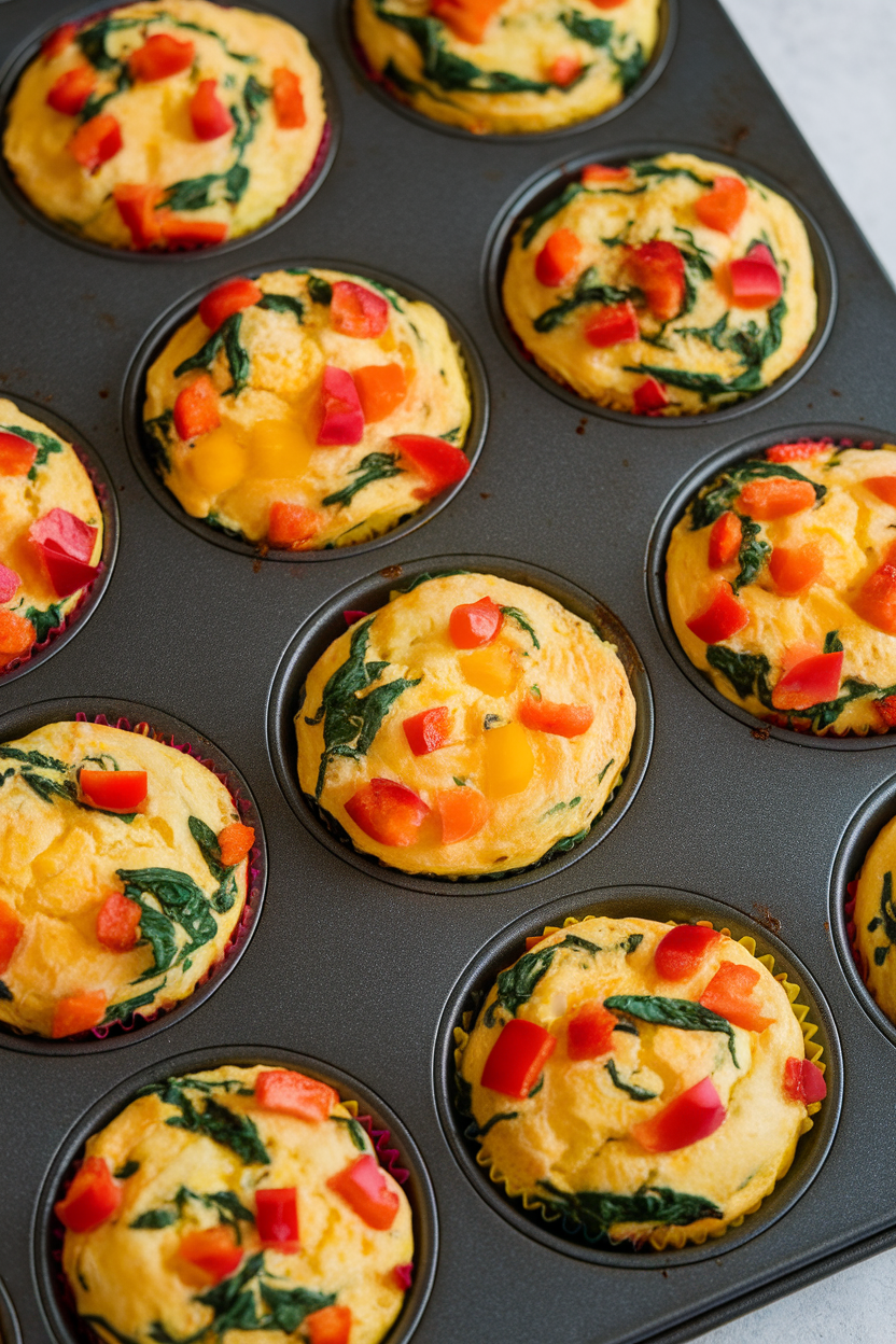 Indoor muffin-tin photo of colorful egg muffins studded with diced peppers and spinach, no text or logos.