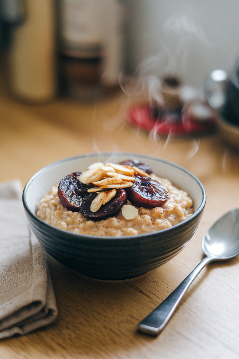 An indoor breakfast setting with a steaming bowl of oatmeal topped with sliced prunes, toasted almonds, and a sprinkle of nutmeg. No text or logos; photograph.