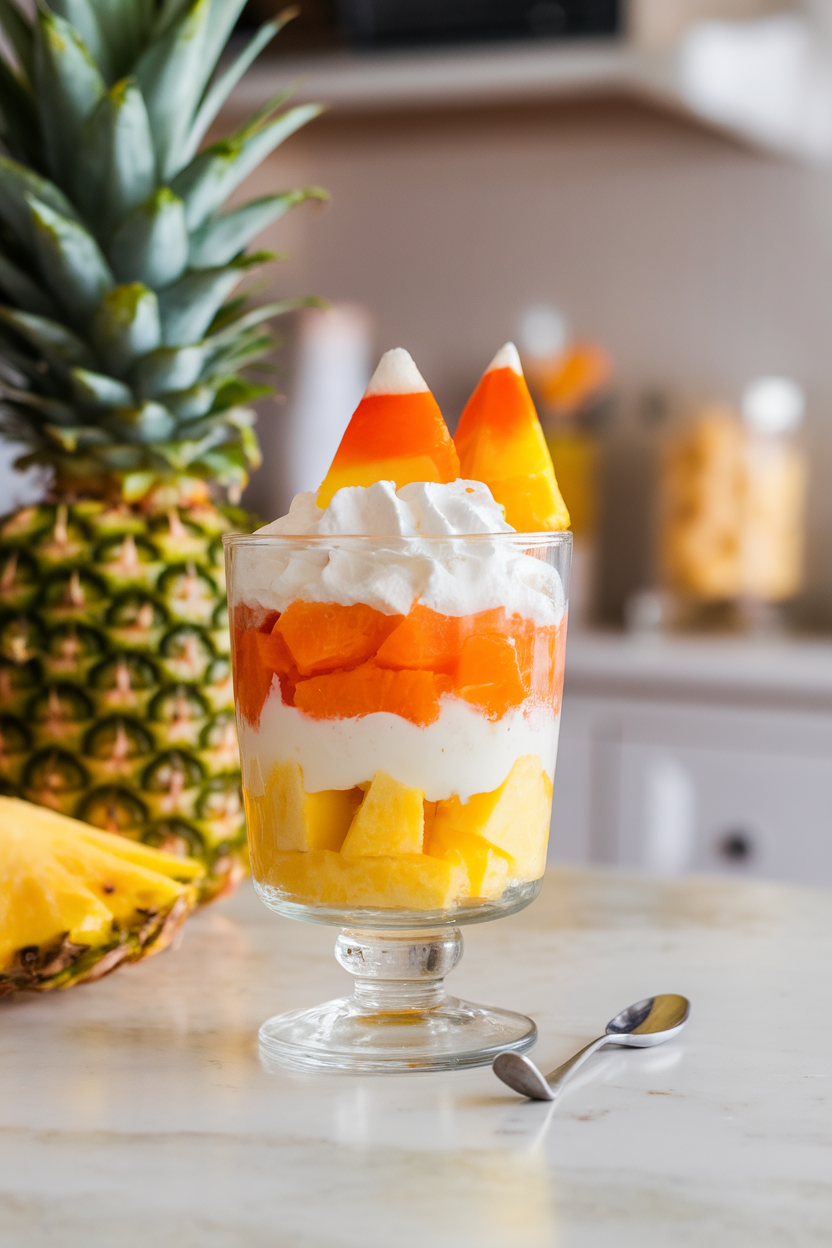 A clear glass parfait cup on an indoor counter layered with pineapple, mandarin oranges, and whipped cream to mimic candy corn colors, tiny spoon resting nearby. Photo, no text or logos.
