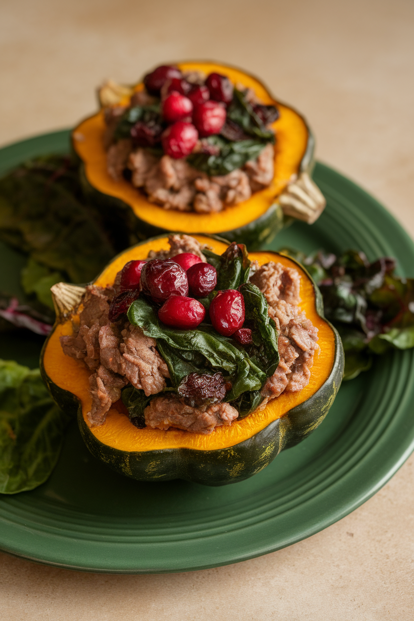 Indoor plate featuring acorn squash halves filled with beef, wilted chard, and cranberries—no text or logos.