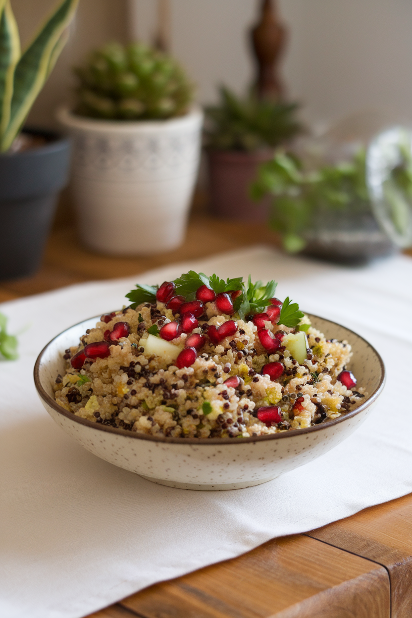 An indoor wooden table showcasing a bowl of quinoa tabouli dotted with pomegranate seeds, chopped parsley, and diced cucumber. No text or logos.