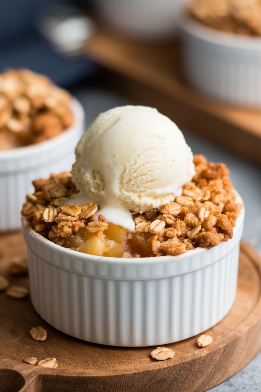 Indoor photo of individual ramekin apple crisp with golden oat streusel and a melting scoop of vanilla ice cream, no text or logos