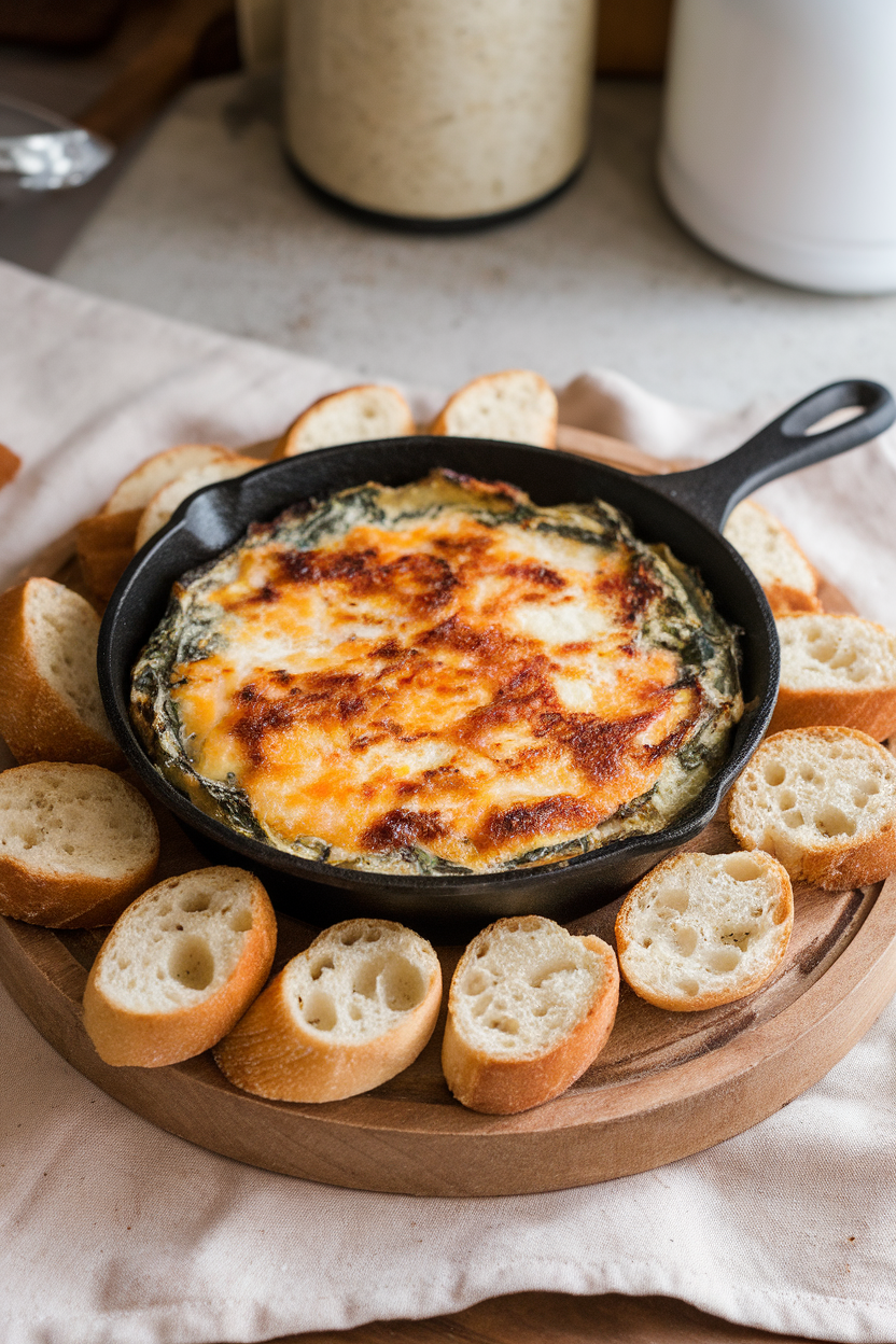 Indoor photo of a small cast-iron skillet filled with bubbling spinach-artichoke dip, cheese browned on top, surrounded by crostini. No text or logos.