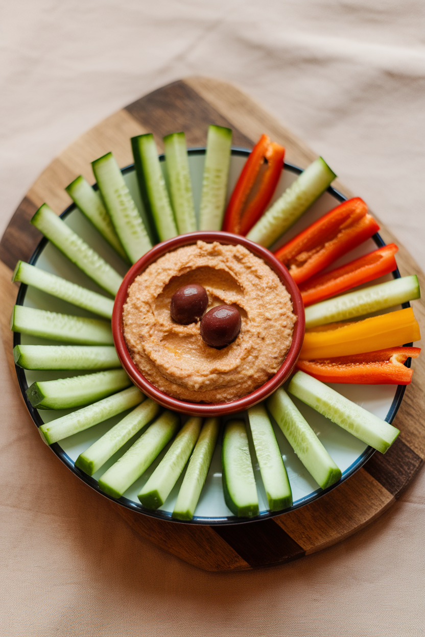 Indoor photo of a snack plate featuring cucumber and bell pepper sticks arranged around a small bowl of hummus, no text or logos