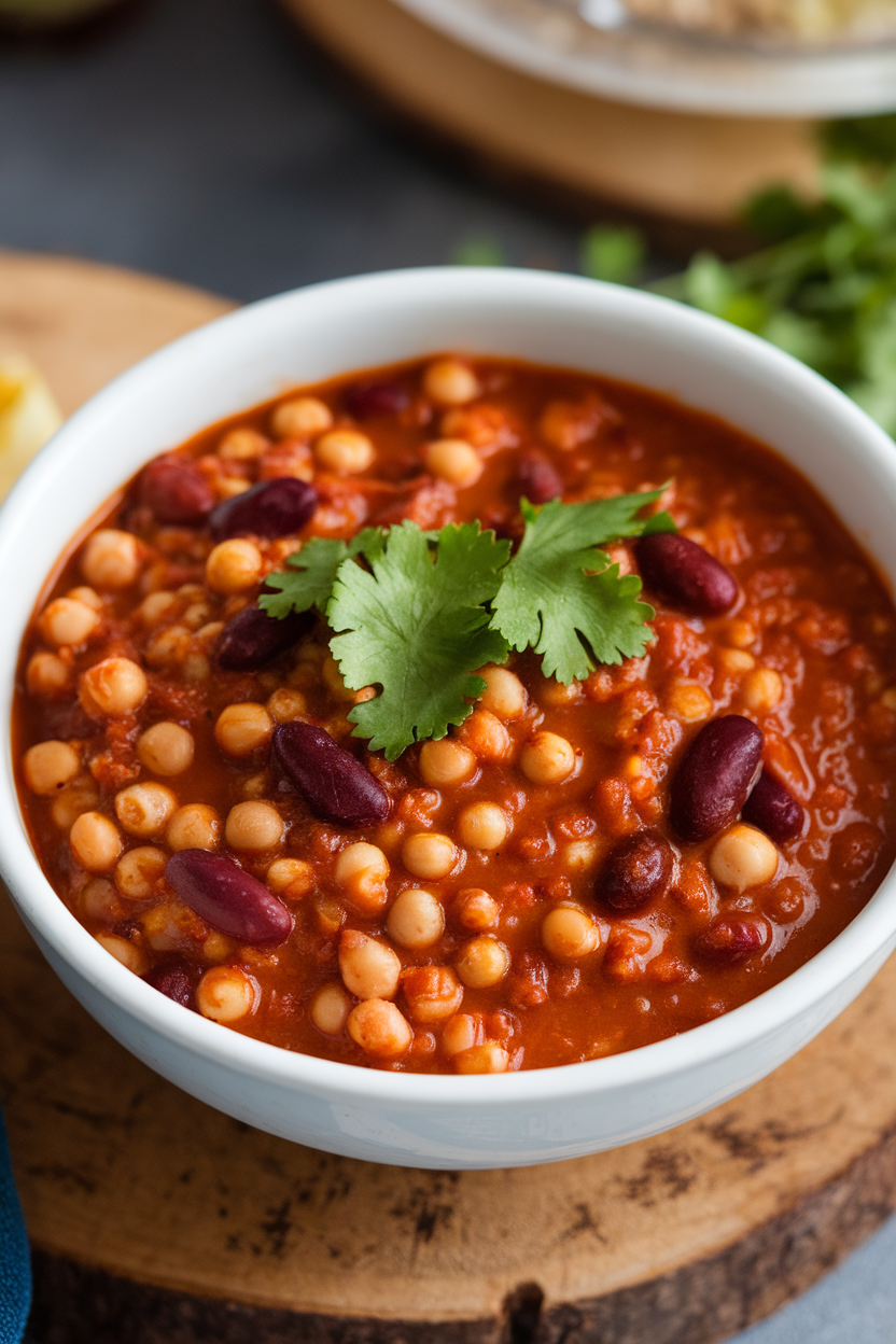 Indoor photo of thick chili with visible millet grains and mixed beans, cilantro garnish; no text or logos.