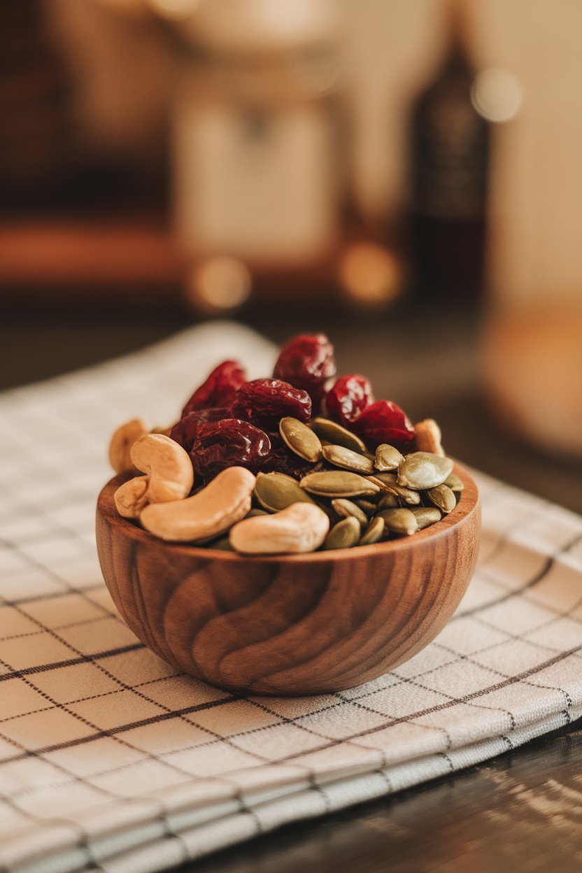 Close-up indoor shot of a small wooden bowl filled with dried cranberries, raw cashews, and pumpkin seeds. No text or logos. Photo.