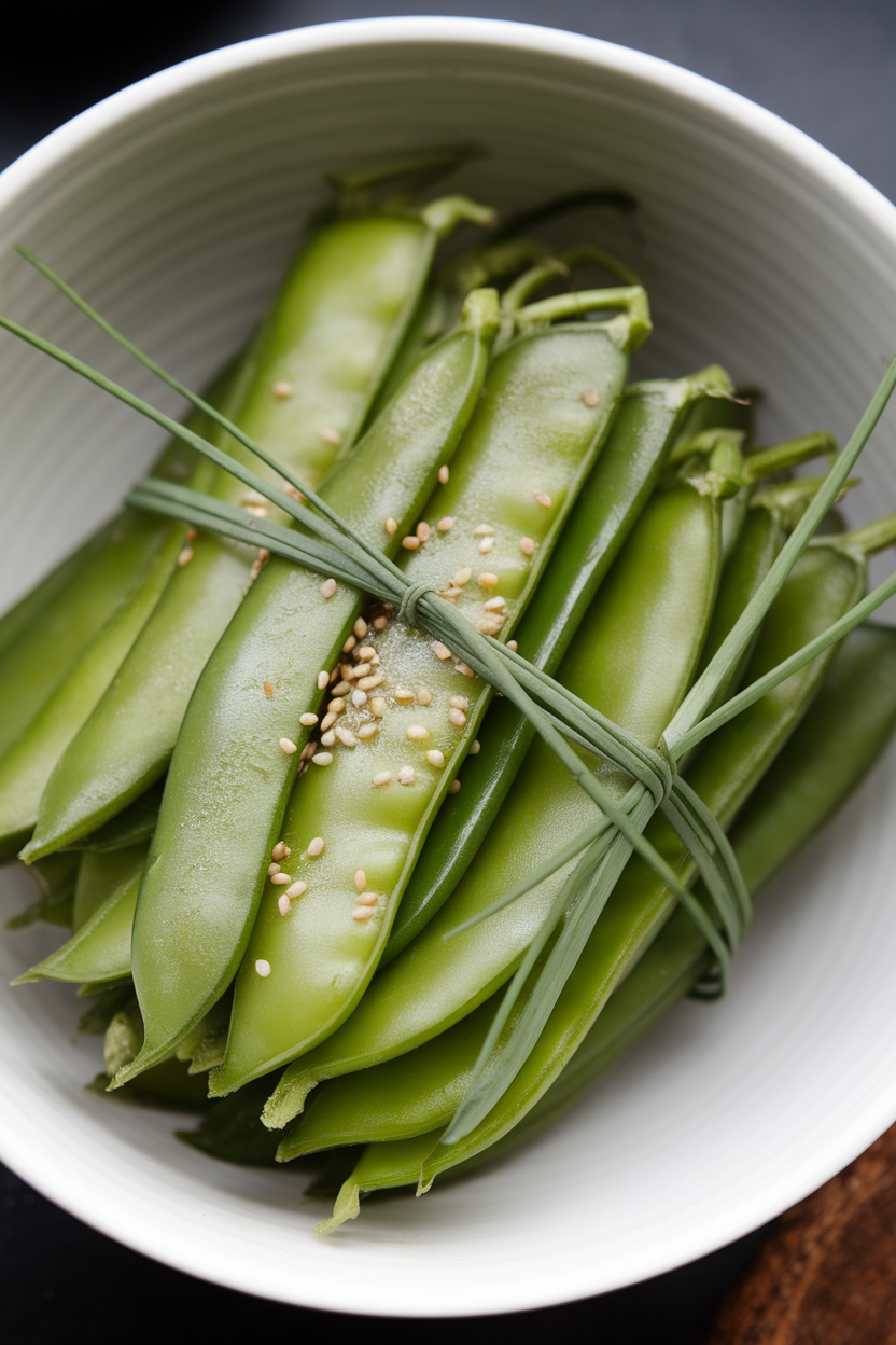 Indoors, bundles of blanched snow peas tied with thin chive strands, sesame seeds sprinkled on top. No text or logos.