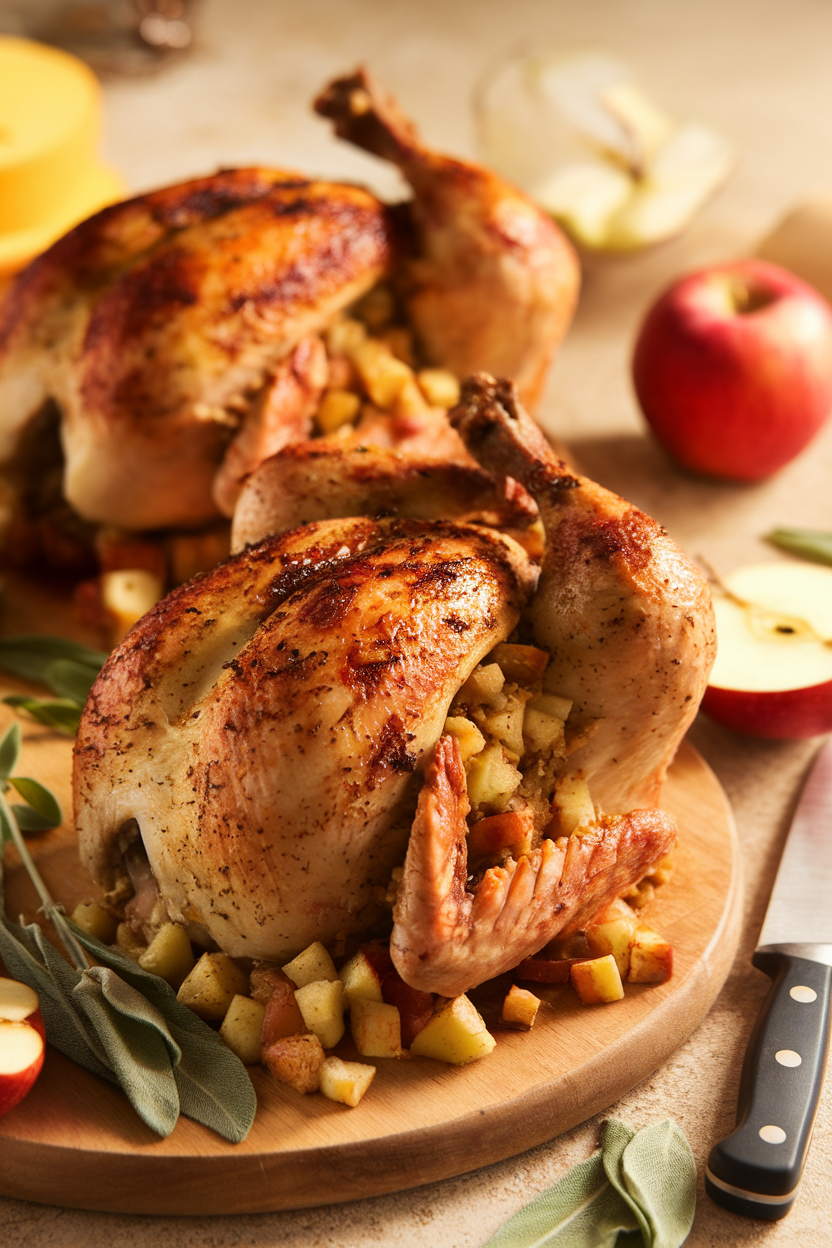 Indoor image of roasted chicken halves with apple-sage stuffing spilling out, warm light, no text or logos.