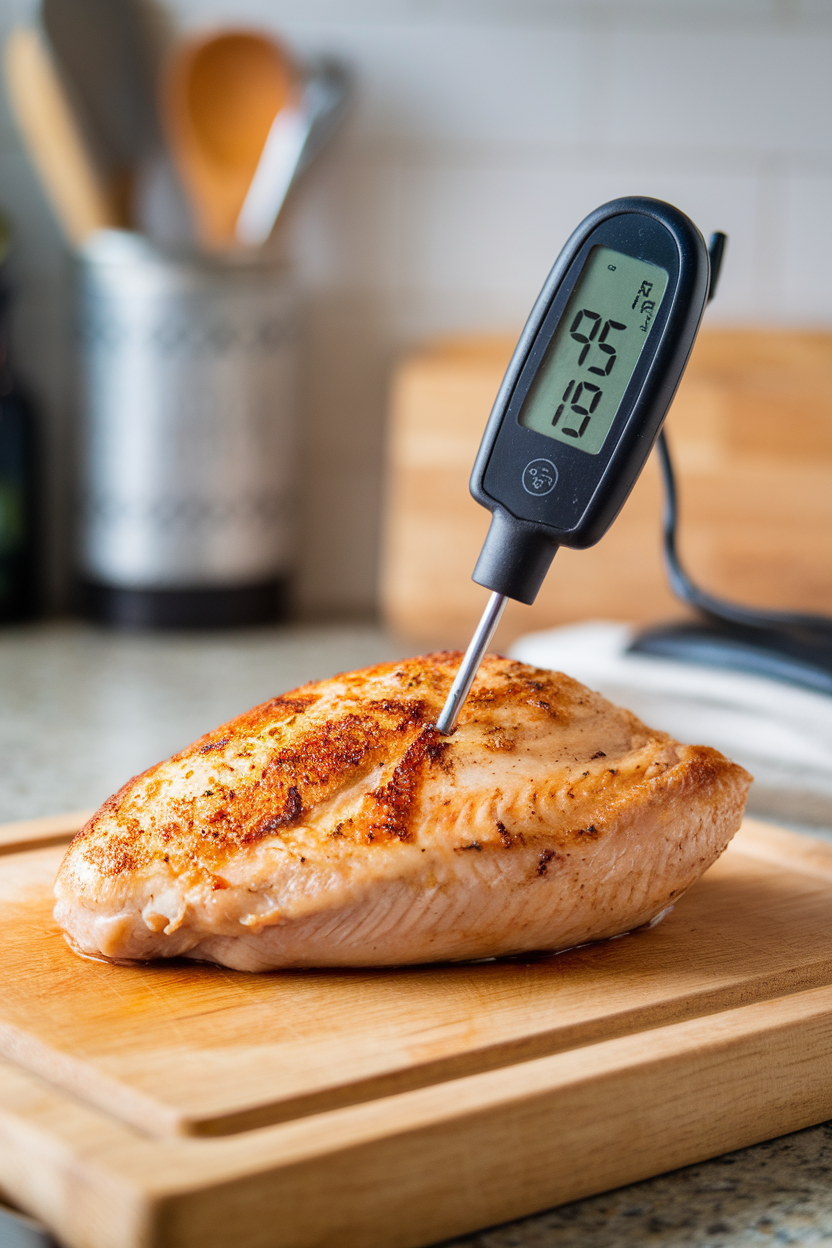 Indoor photo of a digital probe thermometer reading 165°F in a baked chicken breast, no brand visible.