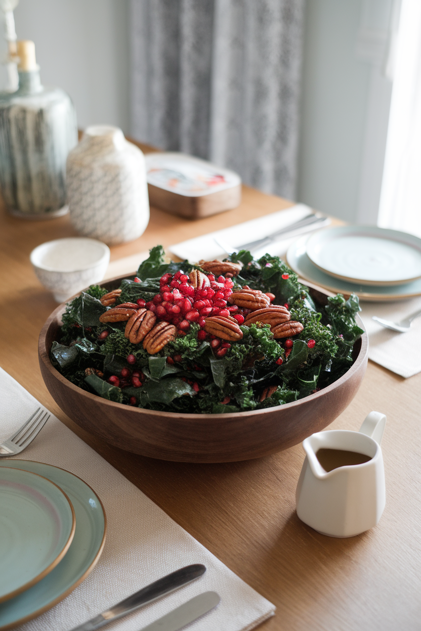 An indoor dining table featuring a wooden salad bowl filled with dark green kale ribbons, bright pomegranate arils, and glistening toasted pecans. A small pitcher of vinaigrette sits nearby. No text or logos in the photo.