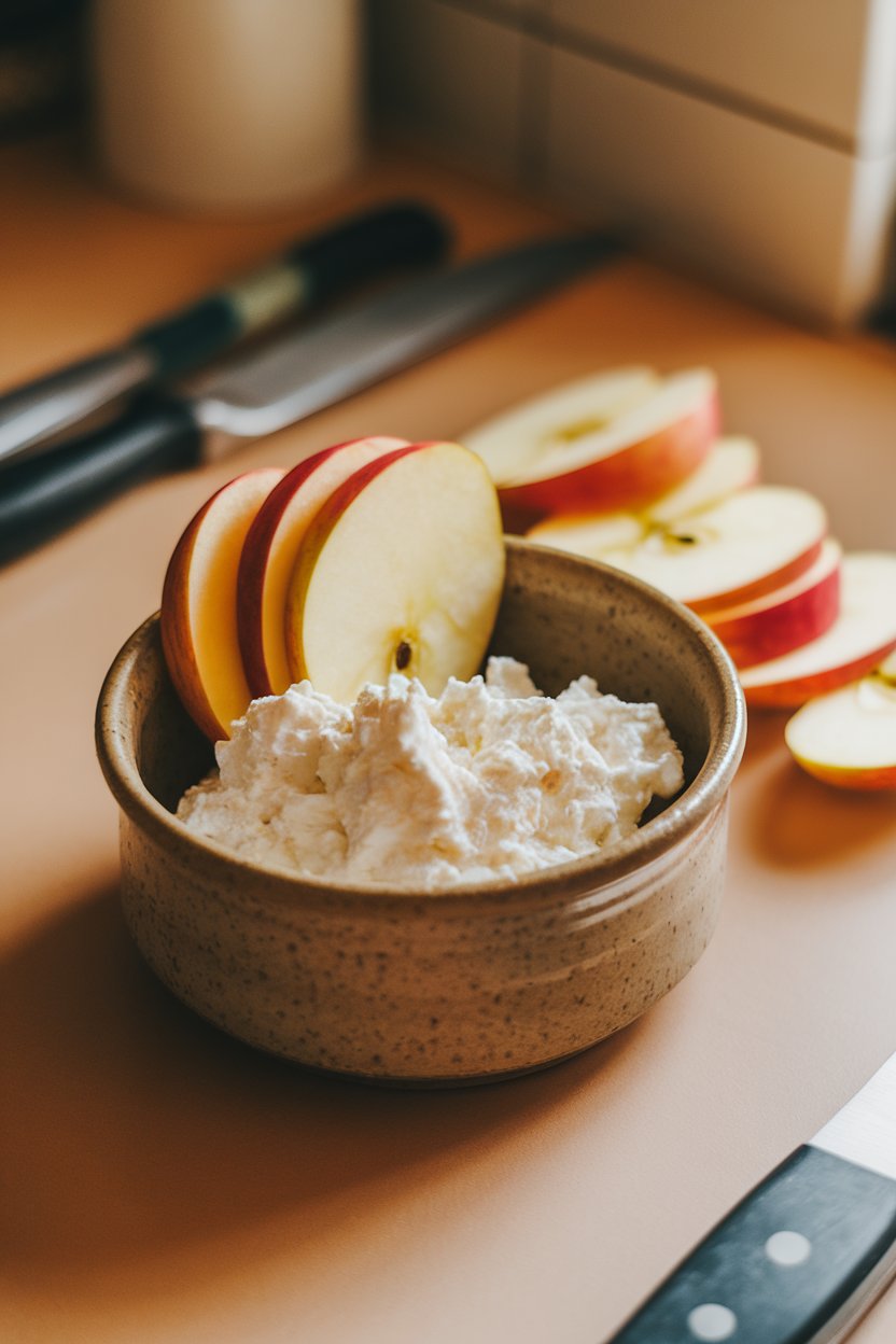 A ceramic bowl of small-curd cottage cheese beside neatly fanned apple slices on a kitchen countertop, warm indoor lighting. No text or logos. Photo.