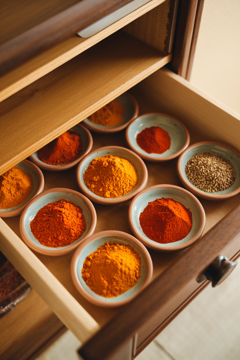 An indoor spice drawer shot from above showing vibrant piles of turmeric, paprika, and cumin on small ceramic plates, no text or logos.