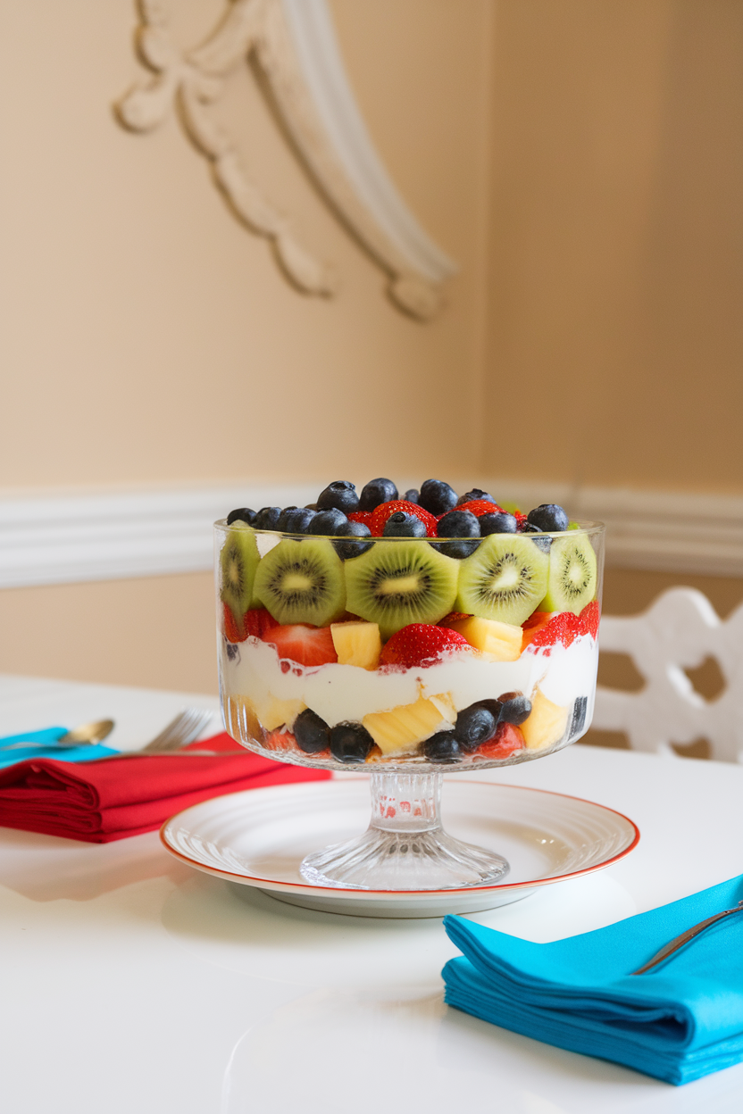 A bright indoor dining table with a glass trifle bowl layered with kiwi, strawberries, pineapple, and blueberries, lightly glazed. No texts or logos. Photo.