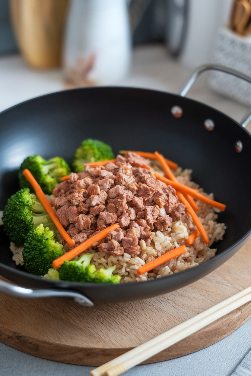 Indoor photo of a wok showing turkey crumbles, bright green broccoli florets, and thin carrot strips over brown rice, no text or logos.