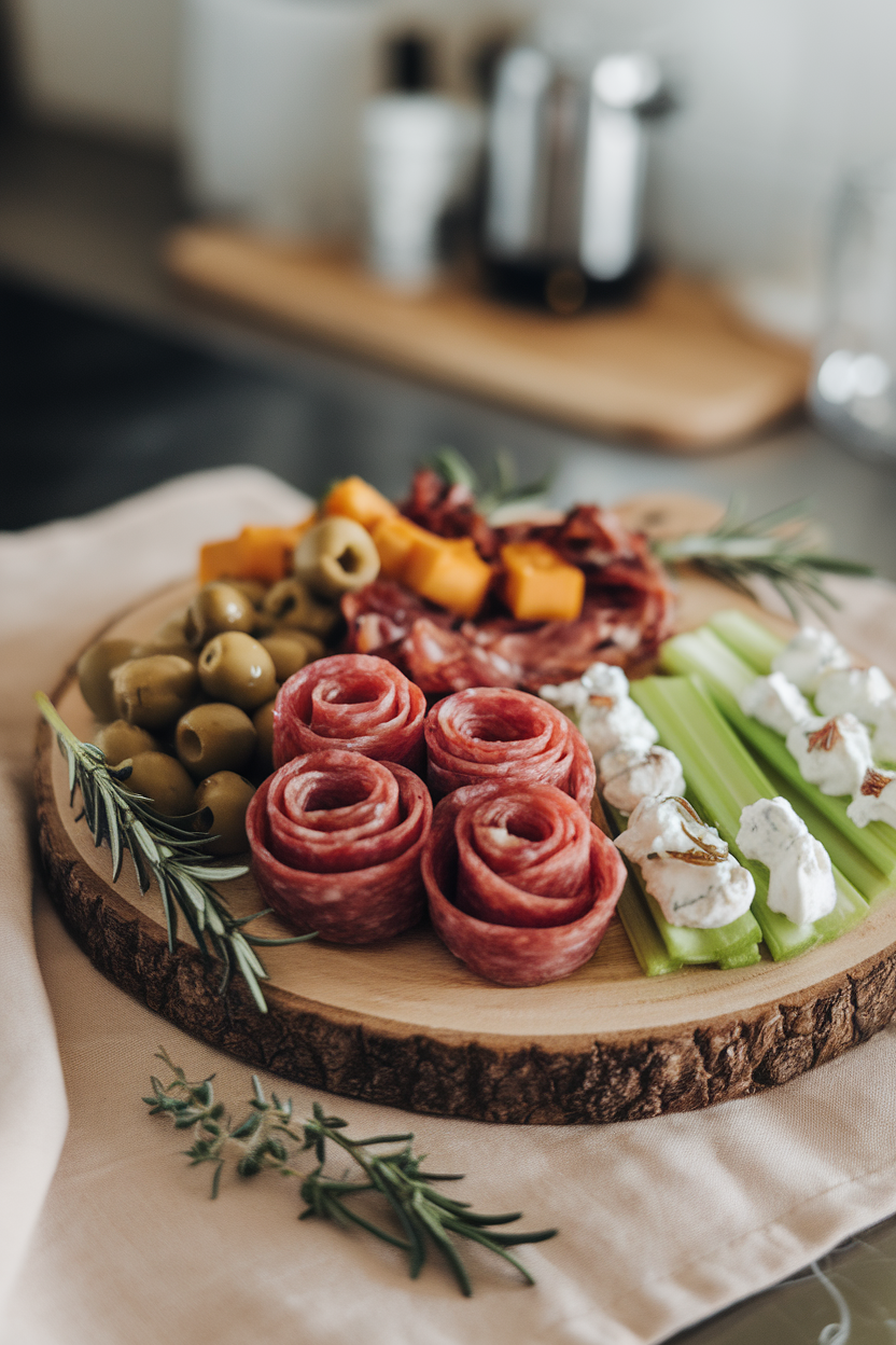 Indoor scene with a wooden board of salami roses, pepper jack cubes, marinated olives, and celery sticks with cream cheese; no text or logos.