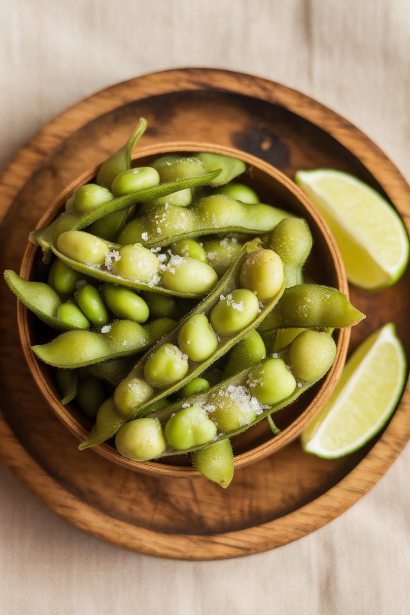 Indoor bowl of steamed edamame pods sprinkled with coarse salt and lime wedges on side; overhead shot, no text or logos.