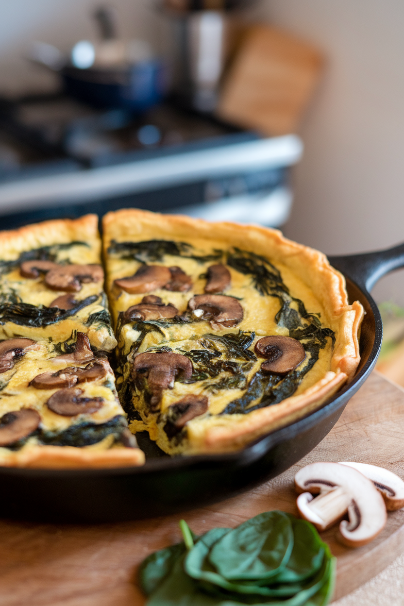 Indoor skillet photo of a sliced frittata filled with mushrooms and wilted spinach, golden edges visible, no text or logos.