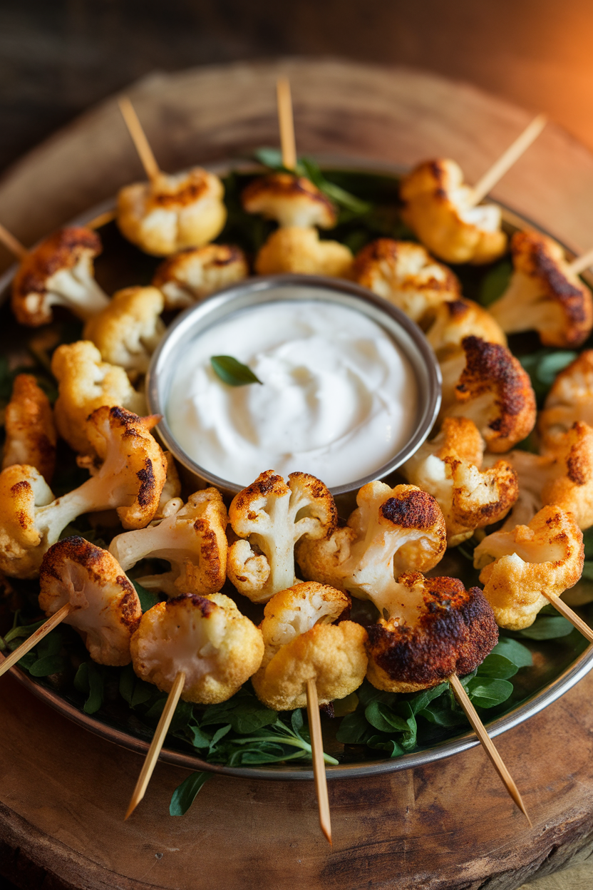 Photo of an indoor platter with small skewers of roasted tandoori-spiced cauliflower florets, yogurt dip in center; no text or logos.