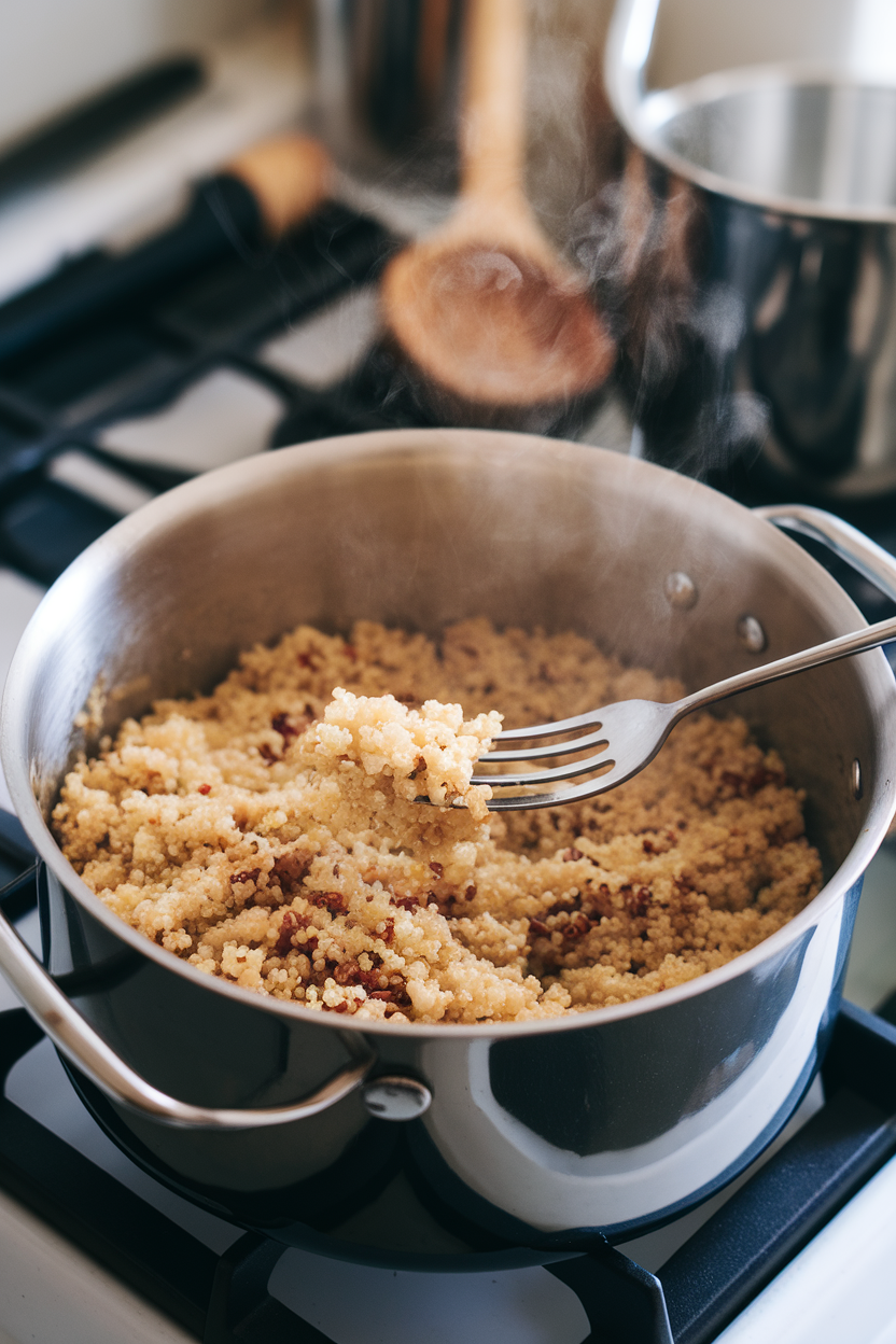 An indoor stovetop scene with a pot of cooked quinoa being fluffed by a fork, steam visible; no text or logos; photo