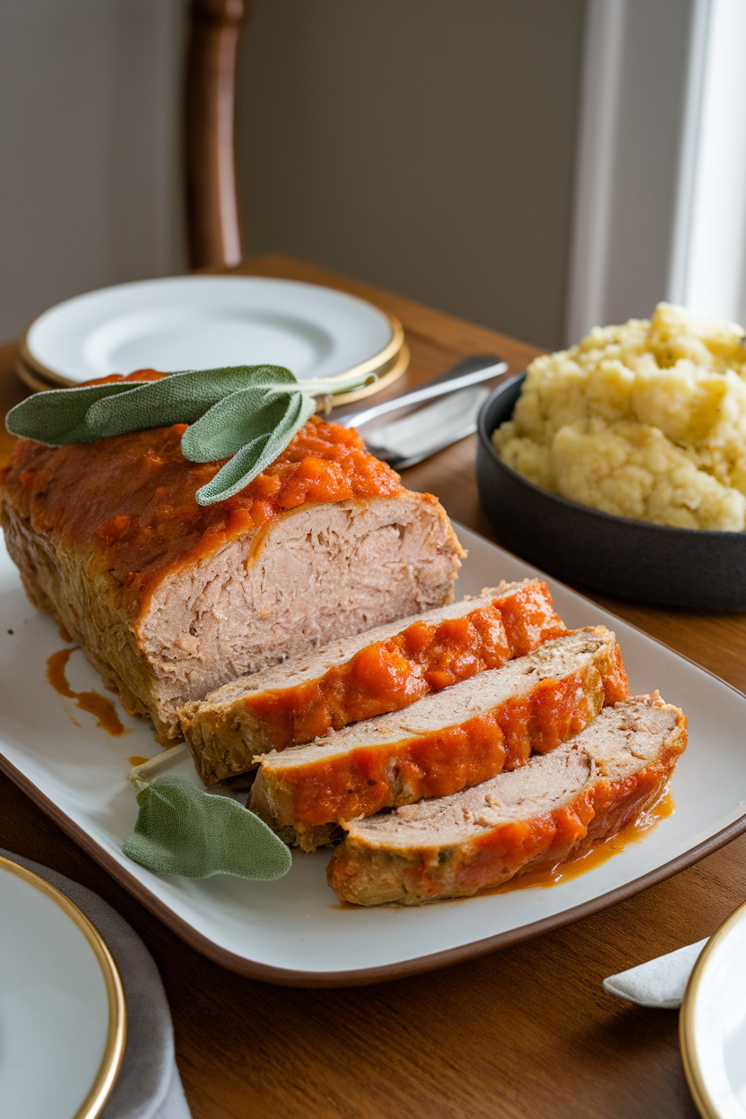 An indoor dining table featuring sliced turkey meatloaf glazed with pumpkin purée and sprinkled with fresh sage, mashed cauliflower on the side. No text or logos. Photo.