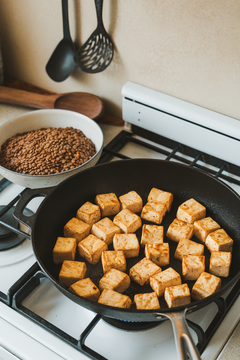 An indoor stovetop with a cast-iron pan of sizzling marinated tofu cubes beside a bowl of cooked lentils. No text or logos. Photo.