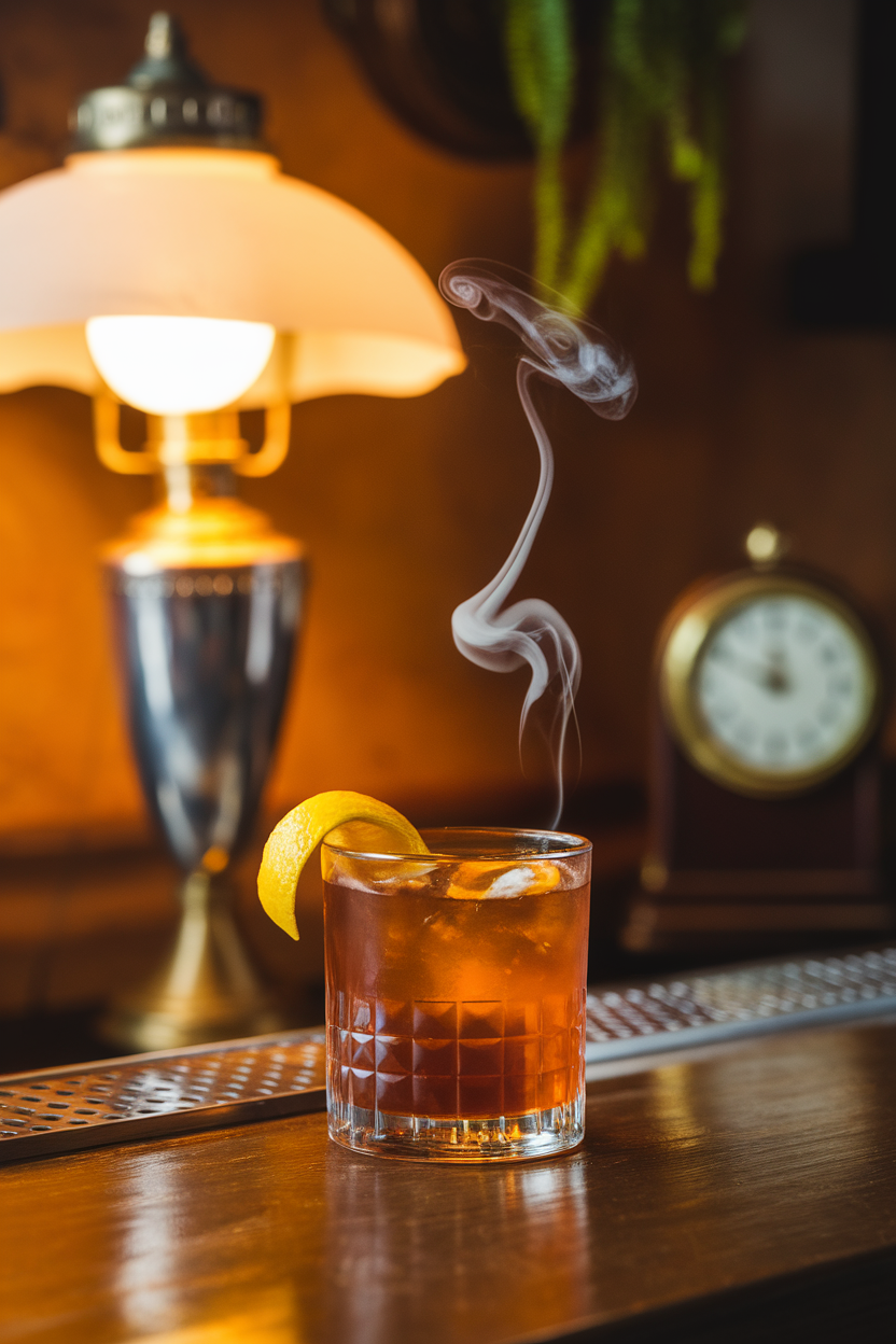 Indoor speakeasy-style bar with a short glass of dark amber cocktail, thin wisp of smoke curling above, and a lemon peel. No text or logos; photograph, not illustration.