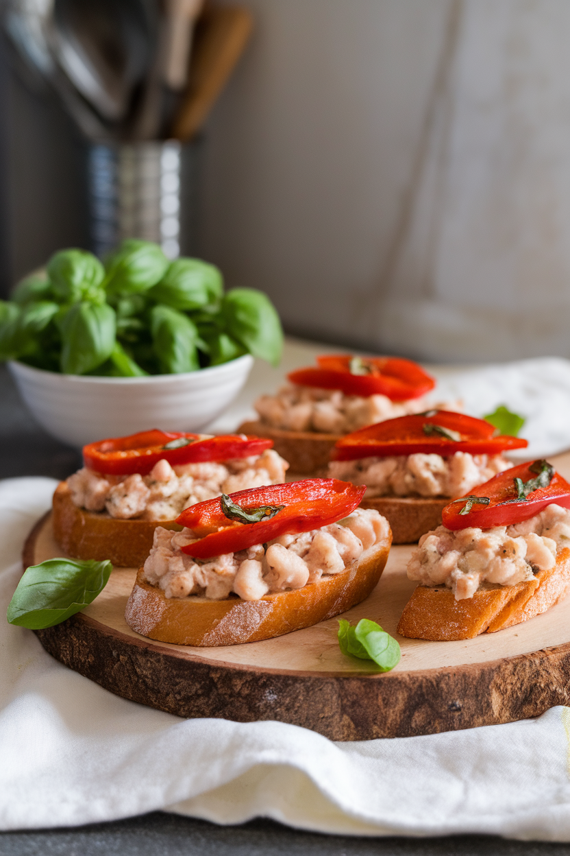 Indoor photo of bruschetta slices topped with mashed white beans and strips of roasted red pepper, on a wooden board. No logos or text present.