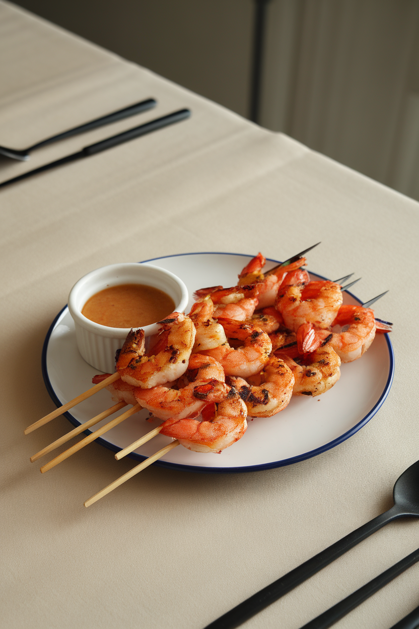 A plate of grilled shrimp skewers with a small ramekin of dipping sauce set off to the side, captured on an indoor dining table, no branding.