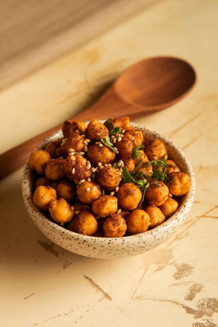 Indoor photo of a small bowl of crispy roasted chickpeas dusted with za’atar spice, wooden spoon beside. No text or logos.