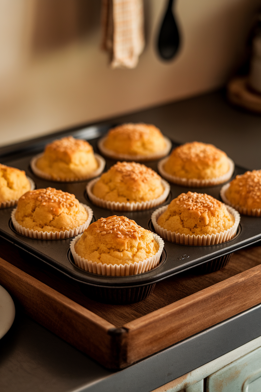 Photo of golden cornbread muffins in a muffin tin on a kitchen counter, indoor lighting, no brand markings.