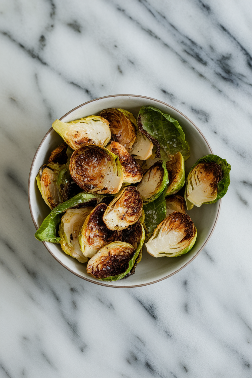 Indoor photo of a bowl of browned Brussels sprout leaves that resemble chips, lightly salted, on a marble counter. No text or logos.