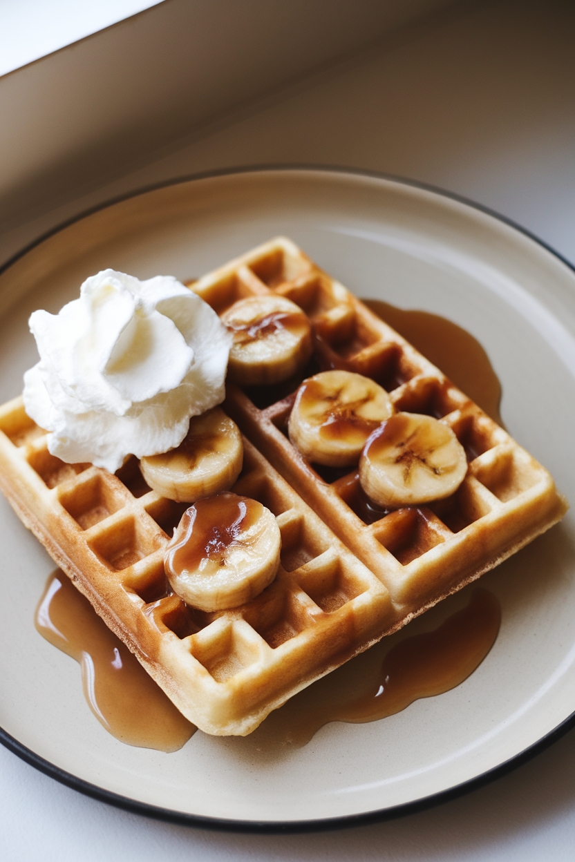 A waffle iron-shaped waffle on an indoor plate topped with caramelized banana slices and brown sugar sauce, whipped cream melting slightly, no text or logos.