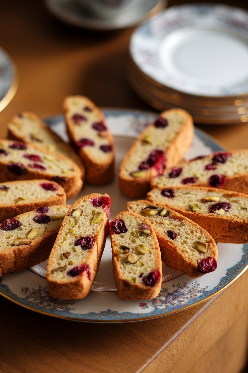 Photo prompt: Biscotti-style cookies with visible cranberries and pistachios on a porcelain plate, indoor café-style lighting, no text or logos.