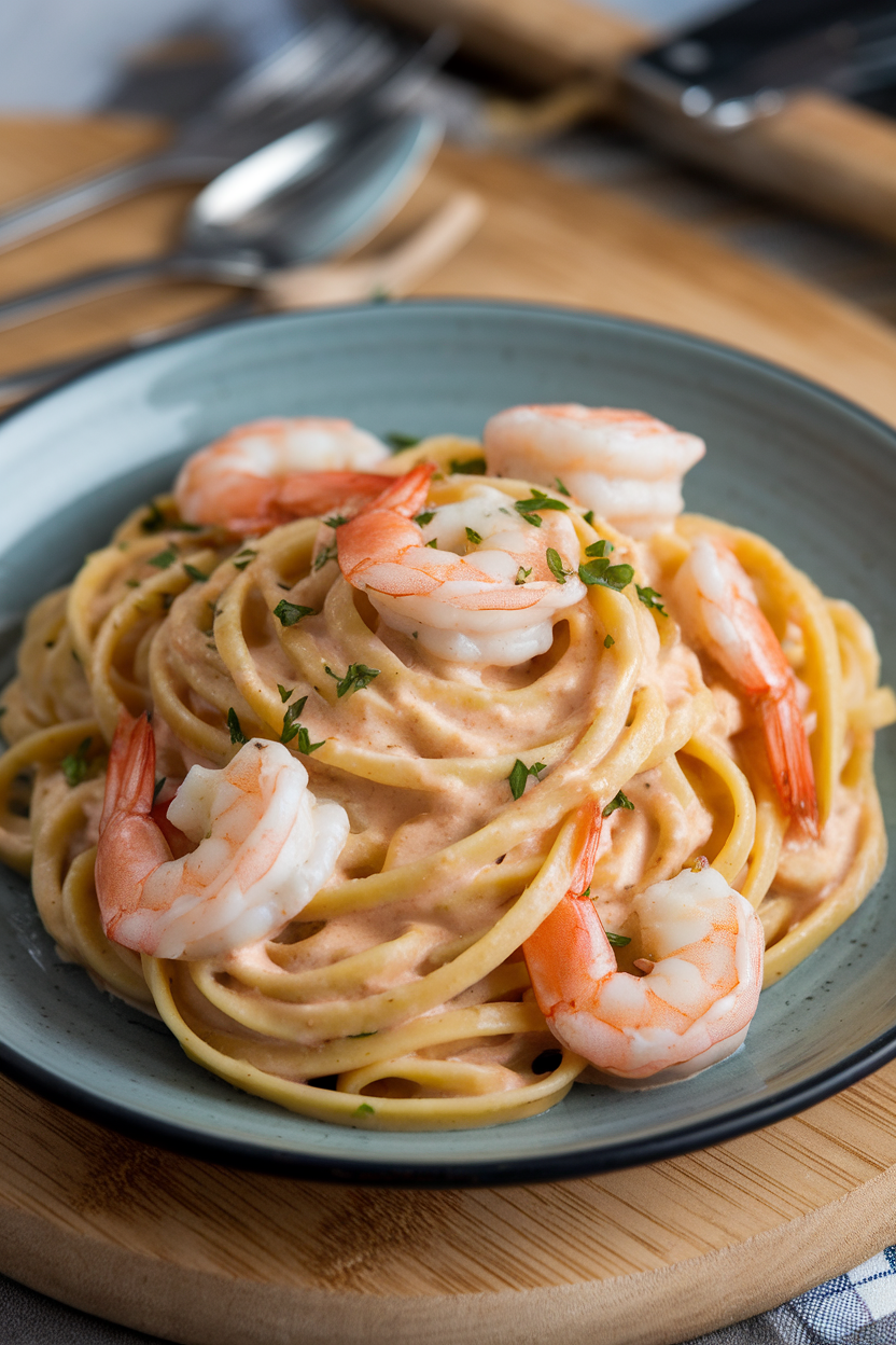 Indoor plate of linguine coated in pale champagne cream sauce with plump shrimp and parsley garnish. No text or logos. Photo only.